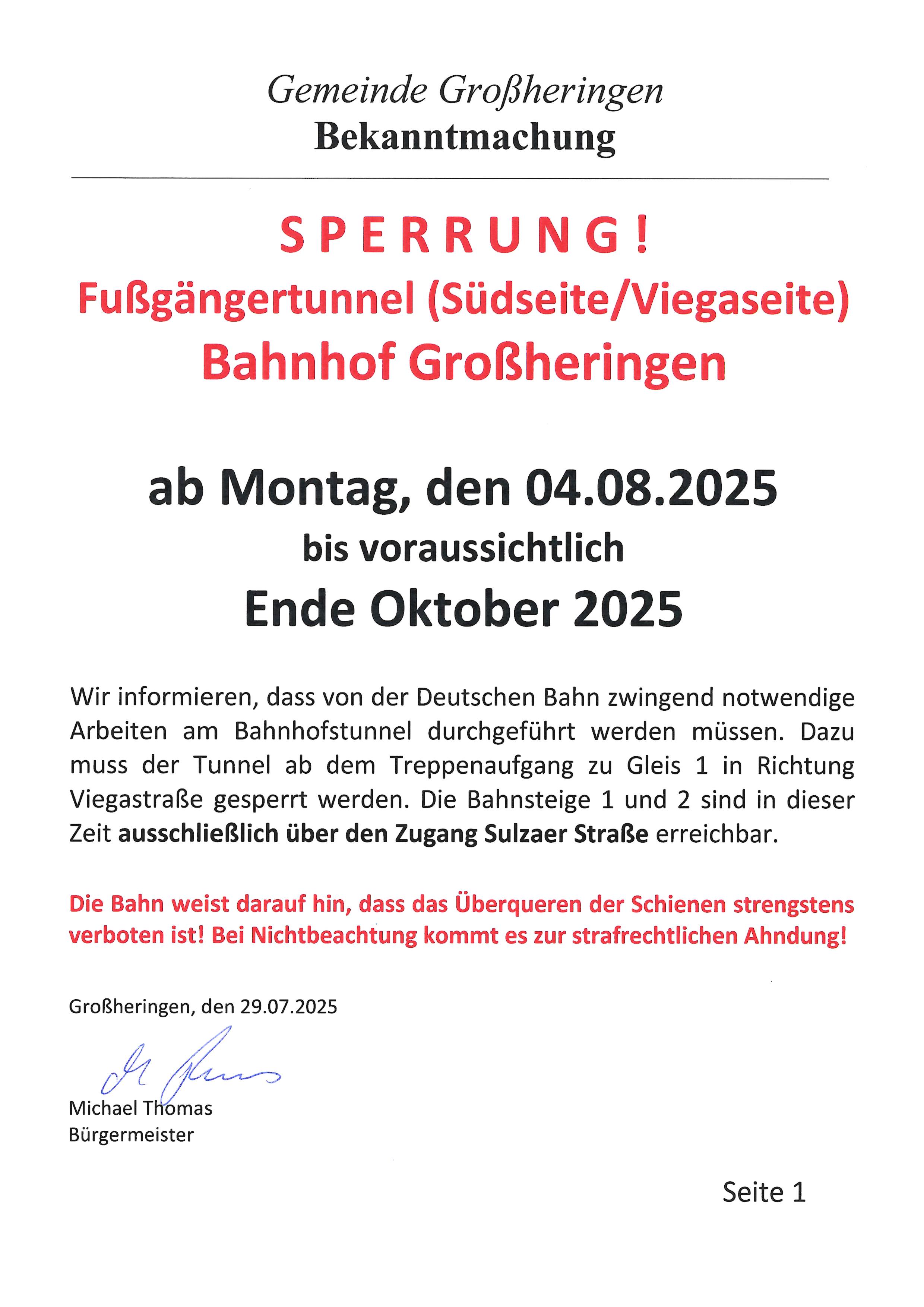 Hinweis Sperrung PU Bahnhof GH